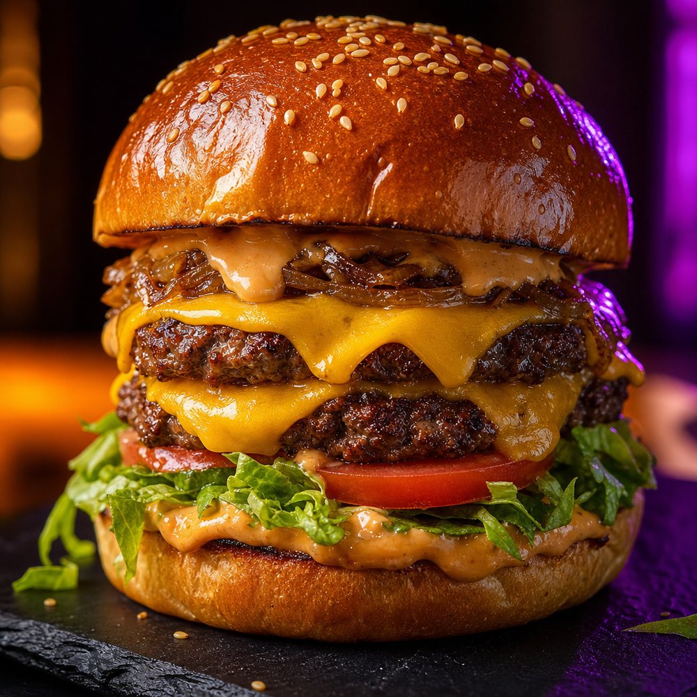 A towering double smash cheeseburger with melted cheese on a toasted brioche bun