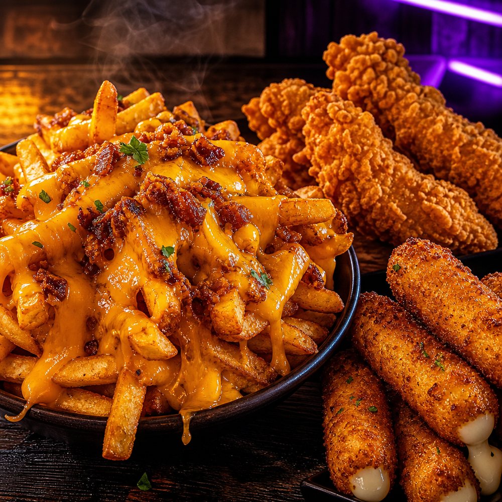 Loaded cheese fries with mozzarella sticks and chicken tenders