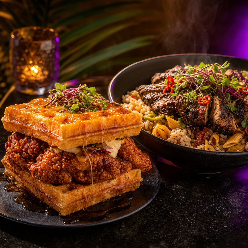 Honey chicken and waffle sandwich beside a jerk chicken bowl