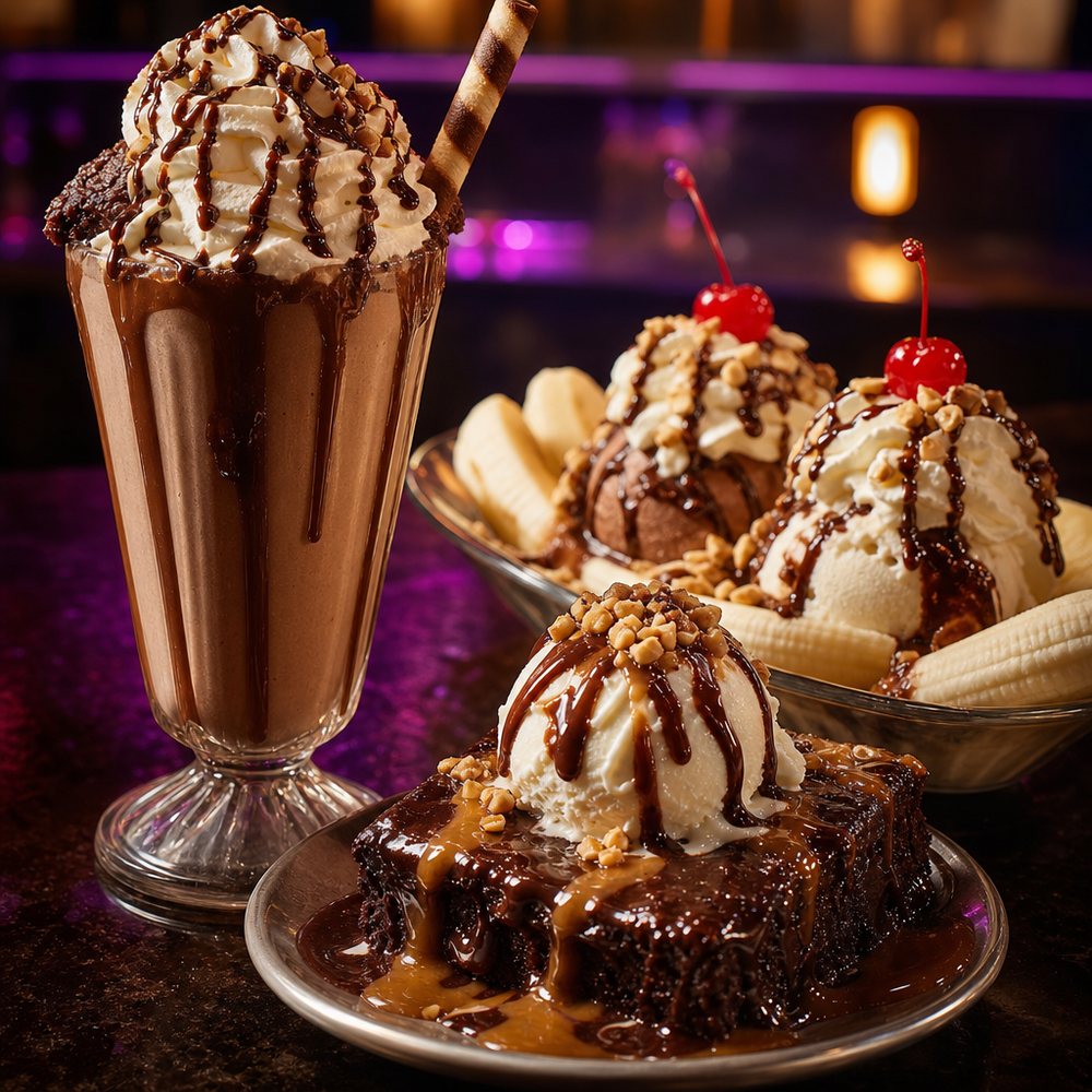 A thick chocolate milkshake with a warm brownie and banana split