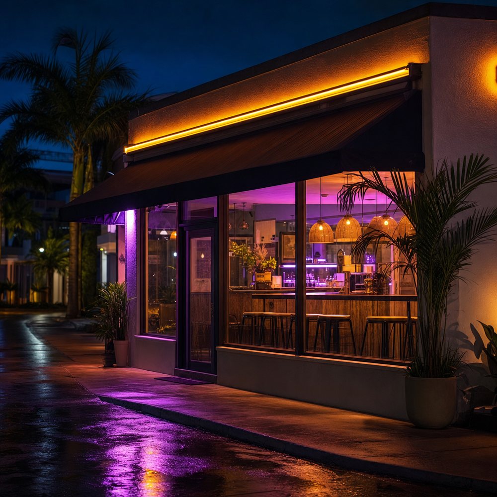 A warm, neon-lit late-night cafe storefront glowing in the evening