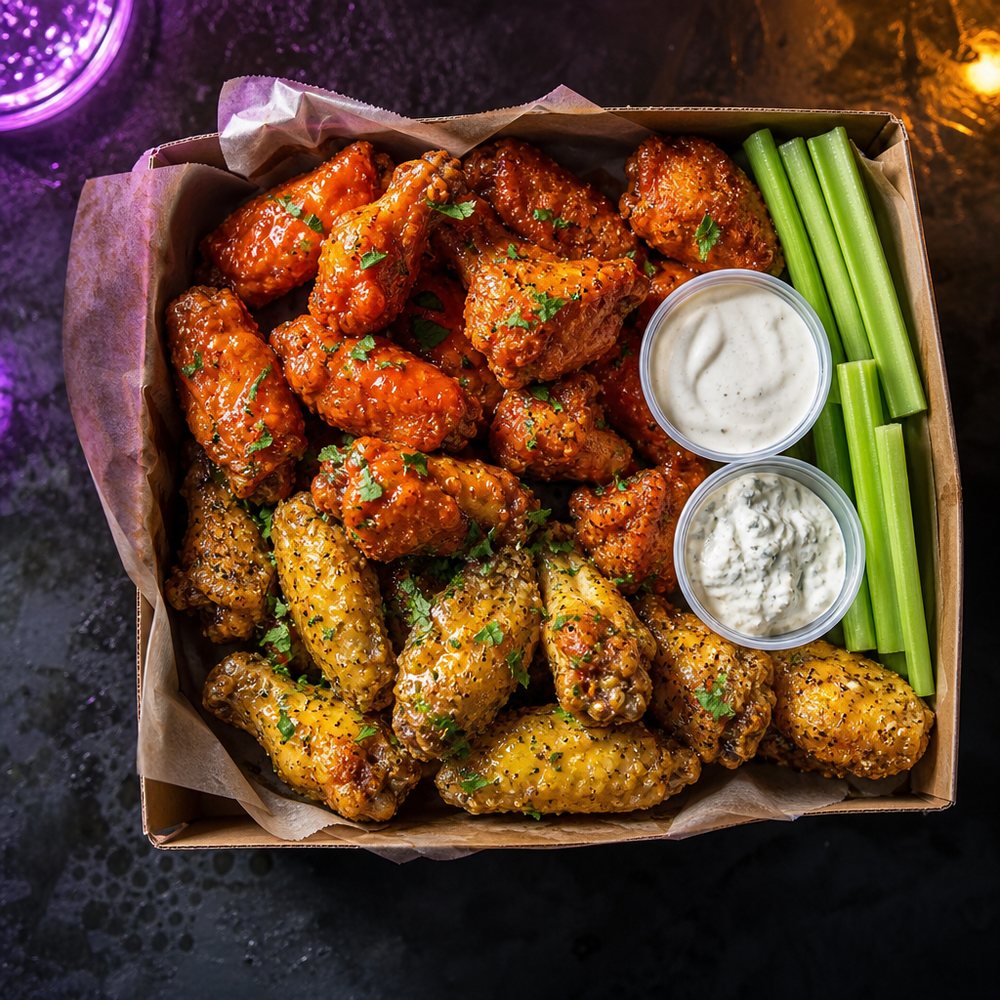 A box of crispy chicken wings glazed in buffalo and lemon-pepper sauce with dipping cups